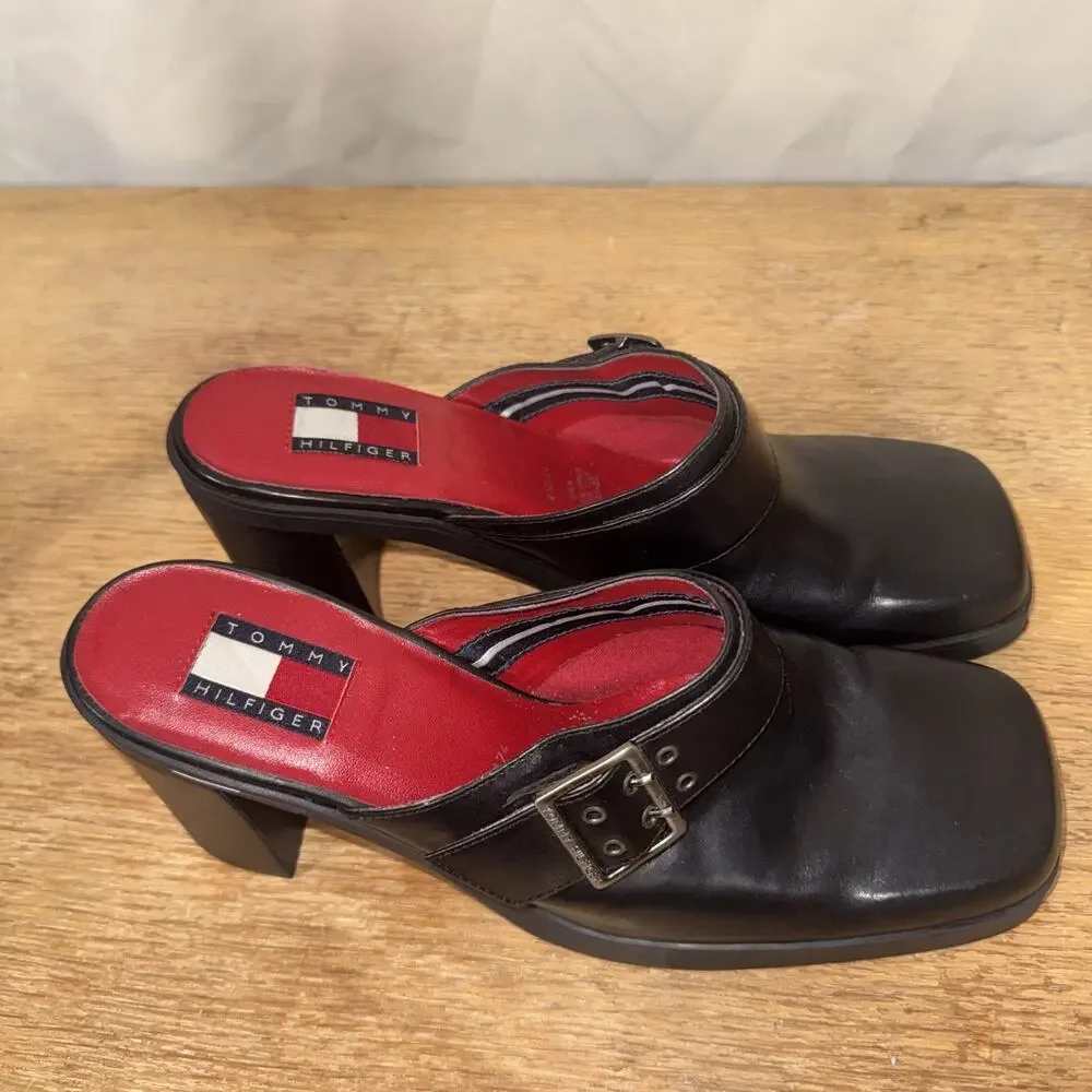 Vintage Tommy Hilfiger Mule Slip In Shoes Women’s Block Chunky Heel Y2K Festival